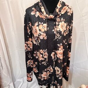 Floral Cowl Neck Pullover Sweater with Drawstring/ Lightweight/ Soft